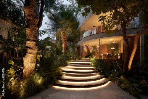 Illuminated staircase backyard. Generate Ai © nsit0108