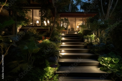 Illuminated staircase backyard night. Generate Ai