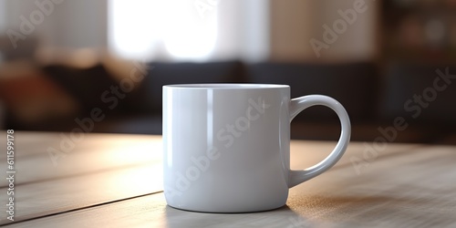 AI Generated. AI Generative. Ceramic white color mug cup morning tea coffee on wood table in bright kitchen. Can be used for promotrion or graphic design brand. Graphic Art