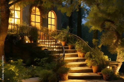 Illuminated staircase backyard villa. Generate Ai