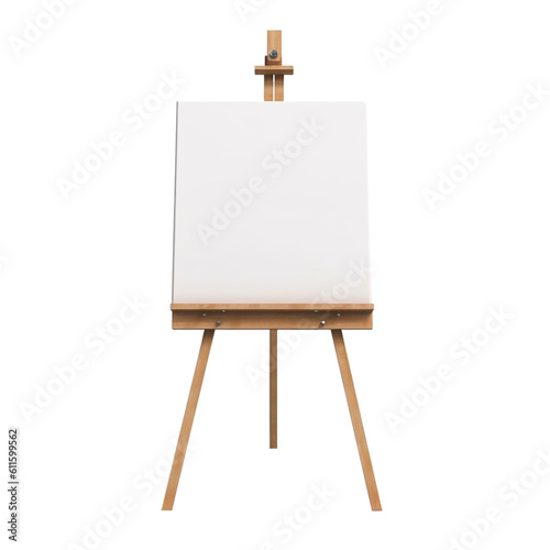 Wooden easel with blank white canvas isolated on transparent background