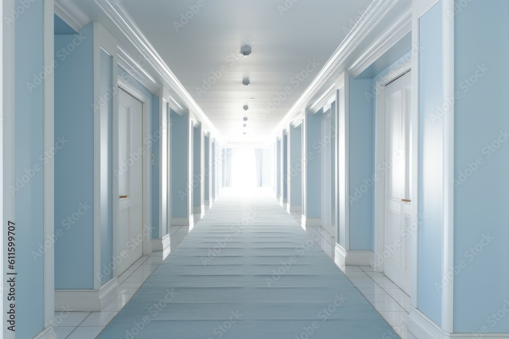 Interior long hotel corridor. Generate Ai