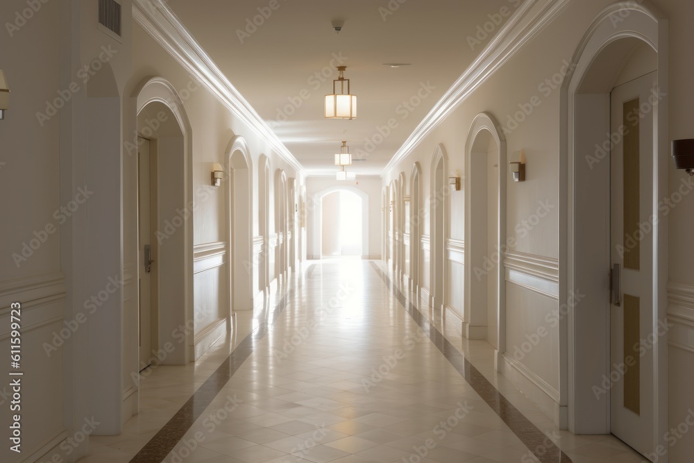 Interior long hotel corridor vintage. Generate Ai