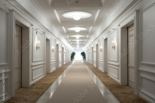 Interior long hotel corridor light. Generate Ai