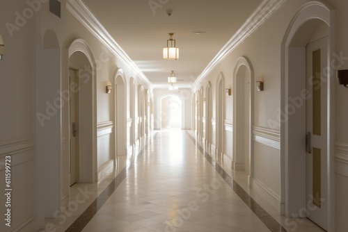 Interior long hotel corridor vintage. Generate Ai