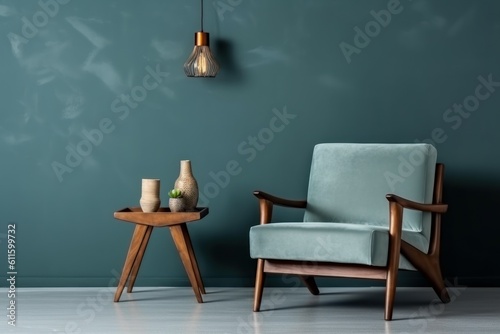 Interior wall blue armchair wood. Generate Ai