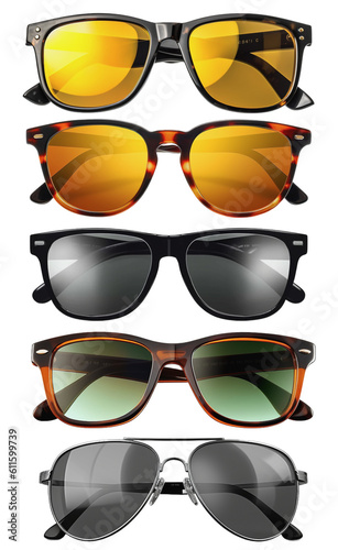 Front view of different sunglasses in different colors and models on a transparent background, Generative AI