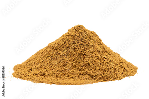 Cinnamon powder isolated on white background. Pile of cinnamon powder. close up