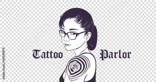 Vector beautiful young cute girl in glasses and with a rose tattoo on her shoulder. Lettering, tattoo parlor. Isolated background.