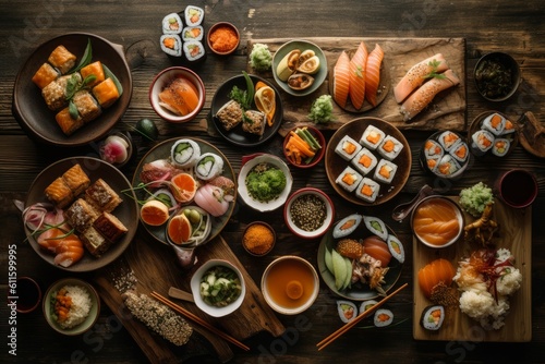 Japanese sushi top view. Generate Ai