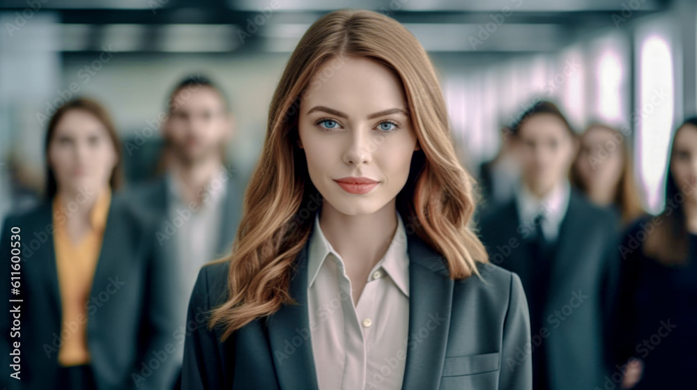 Young Successful and good-looking Woman Team Leader Start-up CEO Lawyer Boss in an office with Staff Generative AI Digital Art Background Illustration Young Successful and good-looking Woman Team Leader Start-up CEO Lawyer Boss in an office with Staff Generative AI Digital Art Background Illustration