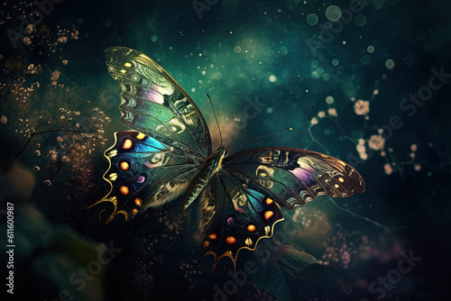 Colorful butterfly in a fantasy world. Fantasy fairy tale concept