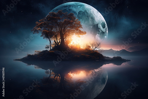 Autumn tree on an island with reflections in the lake on background of the moon with bright light