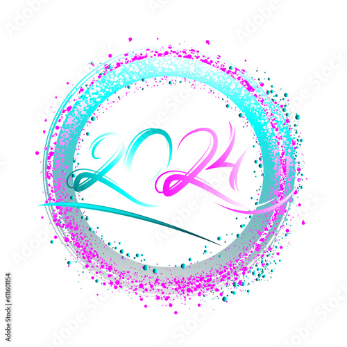 Neon circle frame with violet and blue glow. Vector glitter design element for holiday cards, Christmas or New Year party headliner, banner, poster, web. Happy New Year 2024 Text Design template