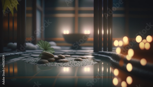 Spa interior settings with zen stones, pool, soft light and blurred background
