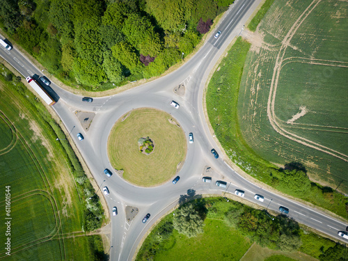 Fototapeta Drone view of a busy roundabout showing its 4 routes, located in East Anglia, UK