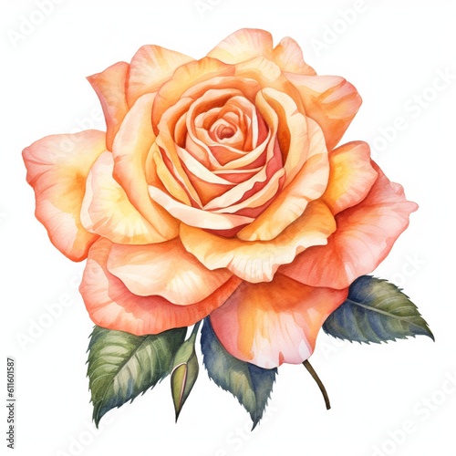 Watercolor orange rose isolated on white background 