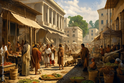 Ancient Greek Marketplace. Generative AI. A digital illustration of an active ancient marketplace on market day.