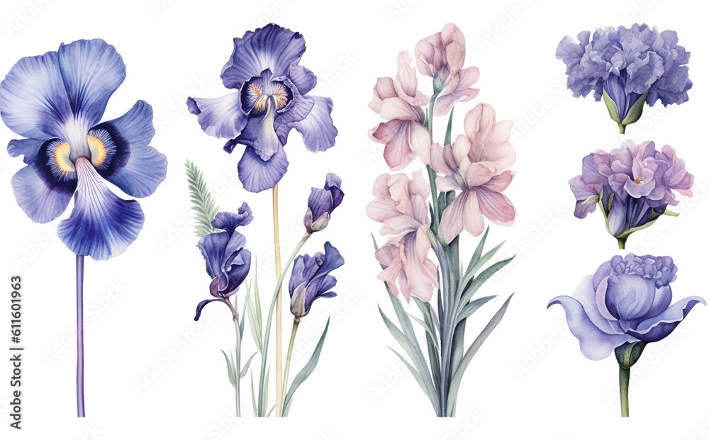 Lavender iris flowers isolated on white background, floral illustration