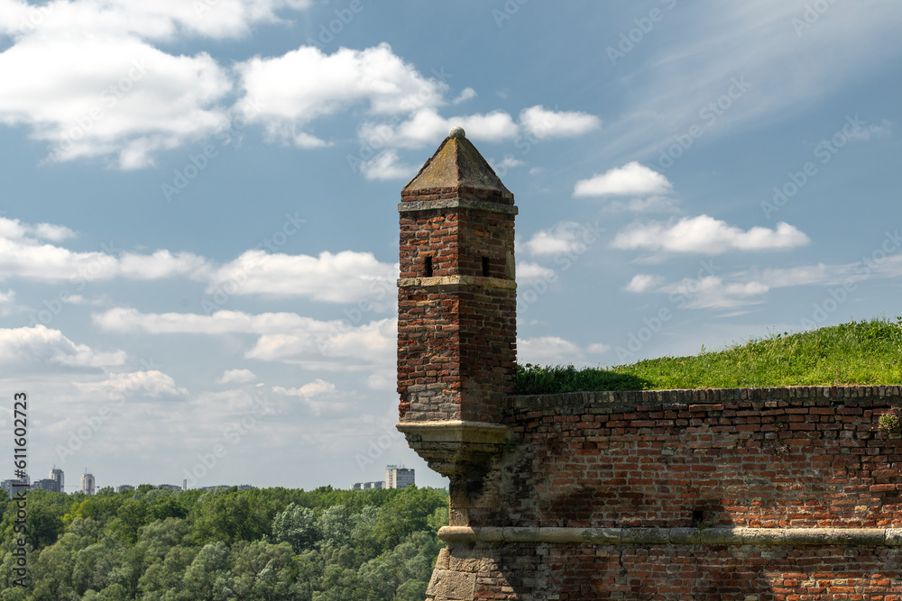 Small tower of the fortress in Belgrade. Tower against cloudy sky background.