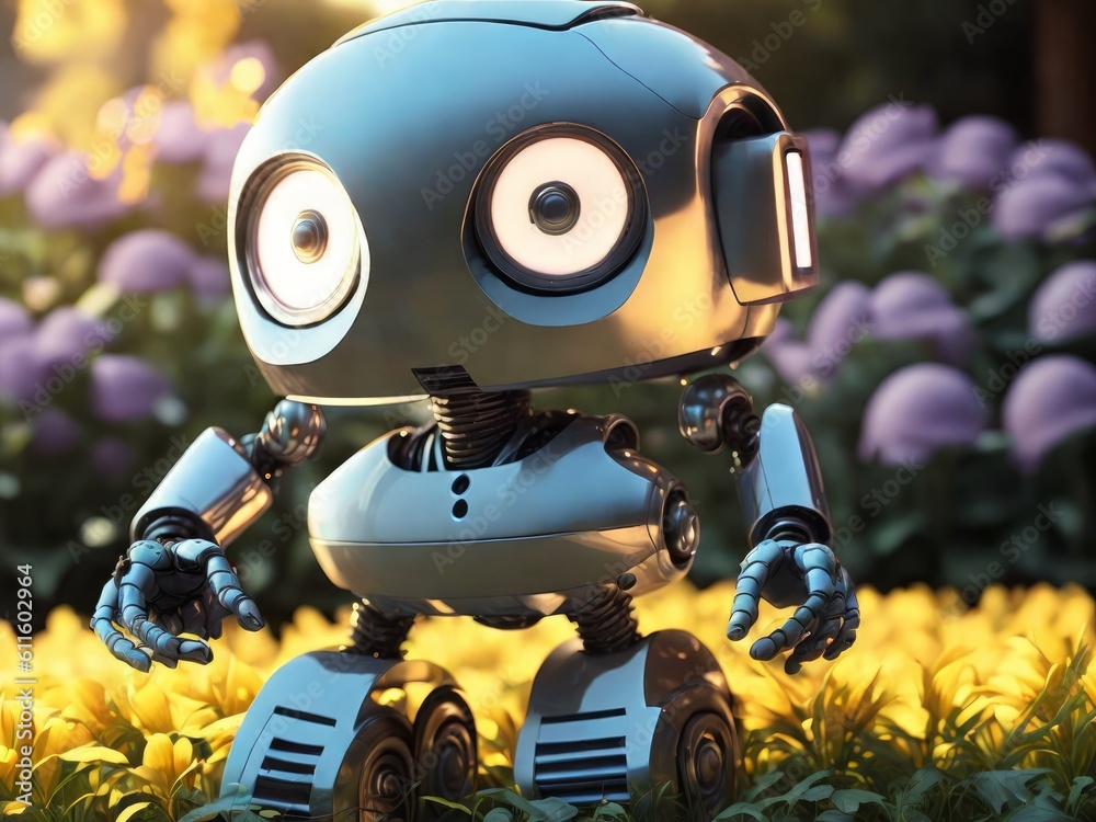 Cute robot is holding flowers, volume six created with generative ai, ki Cute robot is holding flowers, volume six created with generative ai, ki