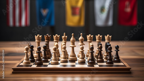 Close-Up Wooden Chess Pieces on a Wooden Chessboard Celebrating Global Unity with World Flags. Generative AI