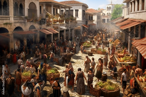 Ancient Greek Marketplace. Generative AI. A digital illustration of an active ancient marketplace on market day.