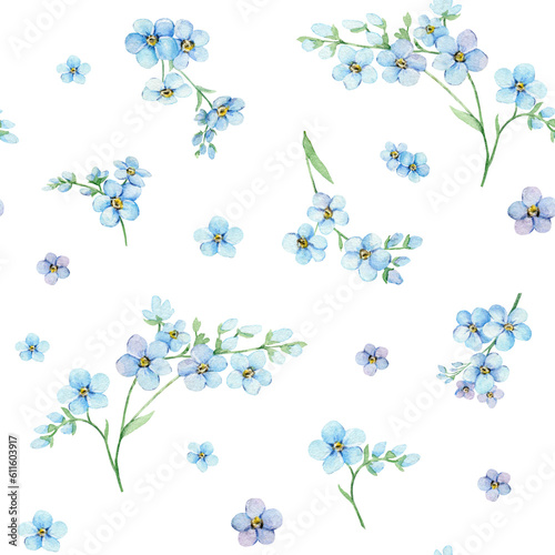 Seamless pattern with blue forget-me-nots. Summer flowers Scorpion Grass, Myosotis. Hand draw watercolor illustration for packaging, textile, web pages, wedding invitations, greeting cards photo