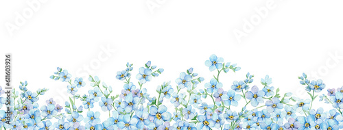 Blue forget-me-nots seamless border. Summer flowers Scorpion Grass, Myosotis. Hand draw watercolor illustration. Endless banner for packaging, textile, web pages, wedding invitations, greeting cards
