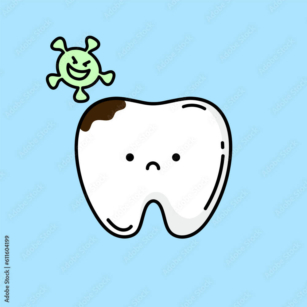 Tooth character with caries. The concept of brushing teeth. Tooth with bacteria. Dental symbol. Children's dentist. Vector illustration in doodle style Tooth character with caries. The concept of brushing teeth. Tooth with bacteria. Dental symbol. Children's dentist. Vector illustration in doodle style