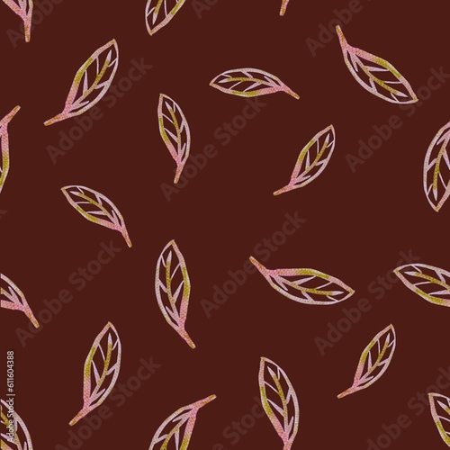 seamless pattern with hand-drawn red-green leaves on a dark red-brown background