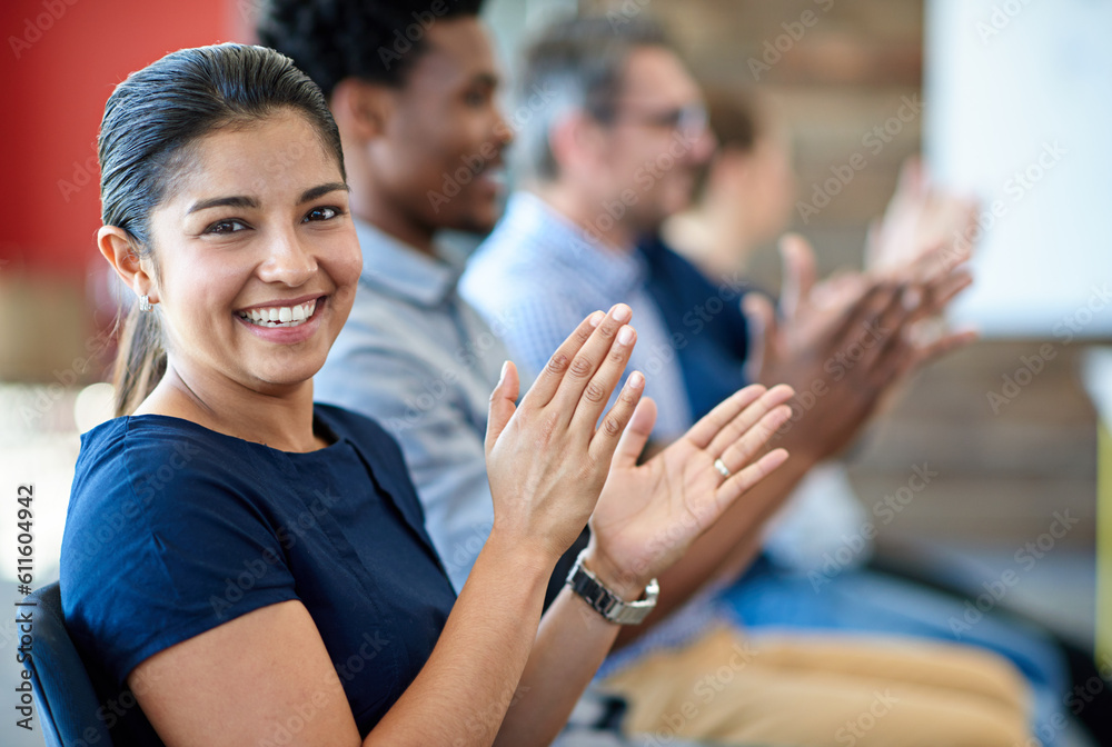 Obraz premium Audience portrait, group applause and happy woman, business team or staff at presentation, seminar or trade show. Smile, celebrate and row of tradeshow people clapping for speaker, speech or support
