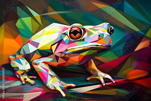 A beautiful frog, modern artwork, abstract colorful painting with geometric shapes. Hand drawn digital painting. Generative AI