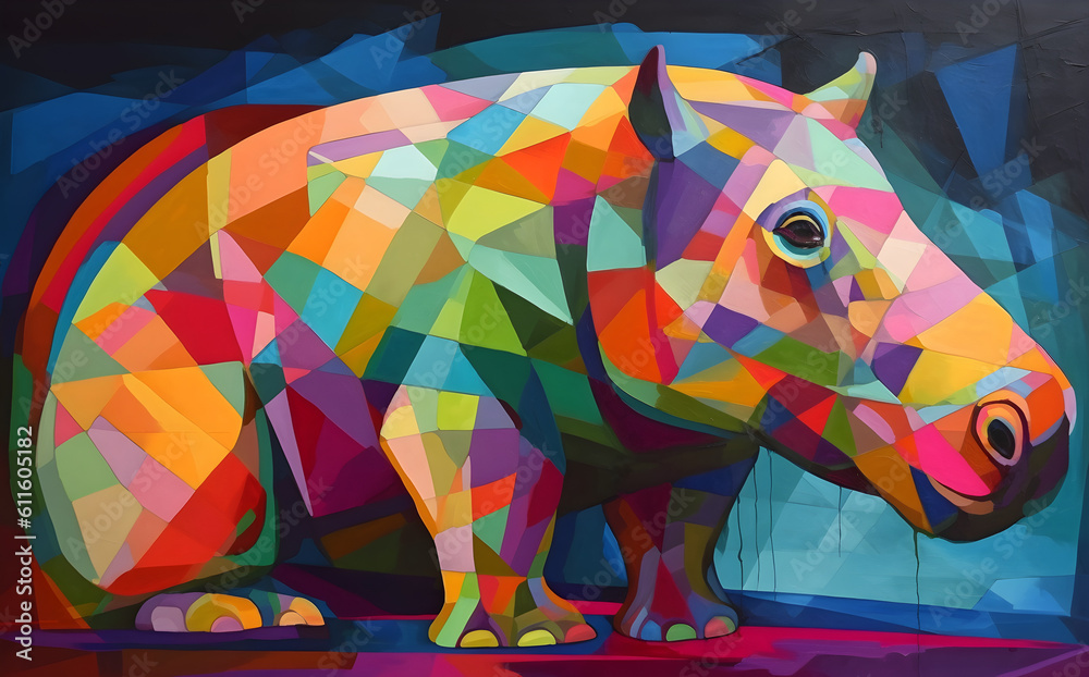 A beautiful hippopotamus, modern artwork, abstract colorful painting with geometric shapes. Hand drawn digital painting. Generative AI