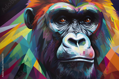 A beautiful gorilla, modern artwork, abstract colorful painting with geometric shapes. Hand drawn digital painting. Generative AI photo