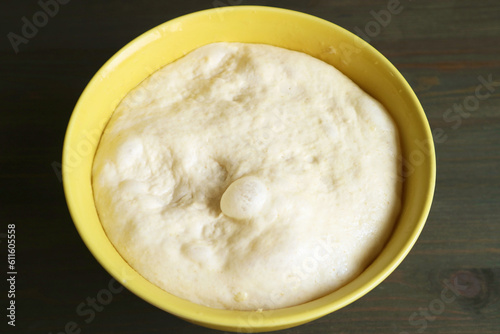 Closeup of fluffy risen dough in a mixing bowl