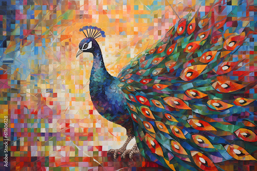 A beautiful peacock, modern artwork, abstract colorful painting with geometric shapes. Hand drawn digital painting. Generative AI