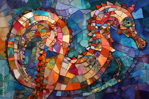 A beautiful seahorse, modern artwork, abstract colorful painting with geometric shapes. Hand drawn digital painting. Generative AI