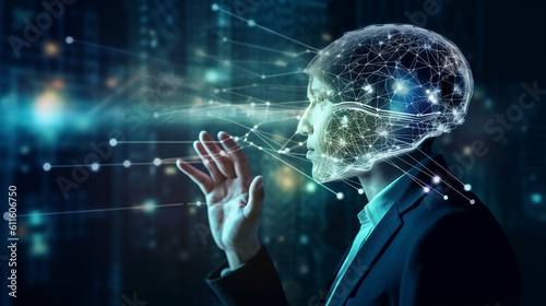 AI, Machine learning, AI Chat, A visionary businessman uses the brain of AI to create strategies and plan business in the digital technology era of future. Science and technology of deep learning