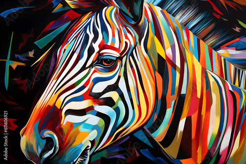 A beautiful zebra  modern artwork  abstract colorful painting with geometric shapes. Hand drawn digital painting. Generative AI
