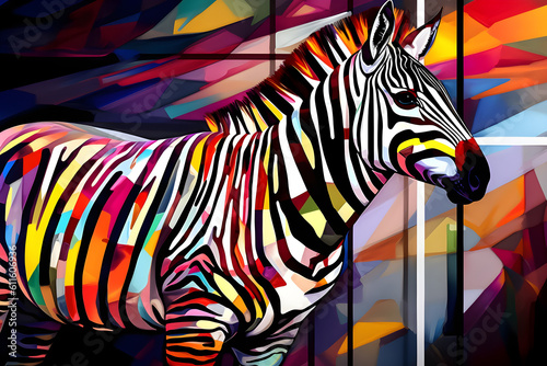 A beautiful zebra  modern artwork  abstract colorful painting with geometric shapes. Hand drawn digital painting. Generative AI