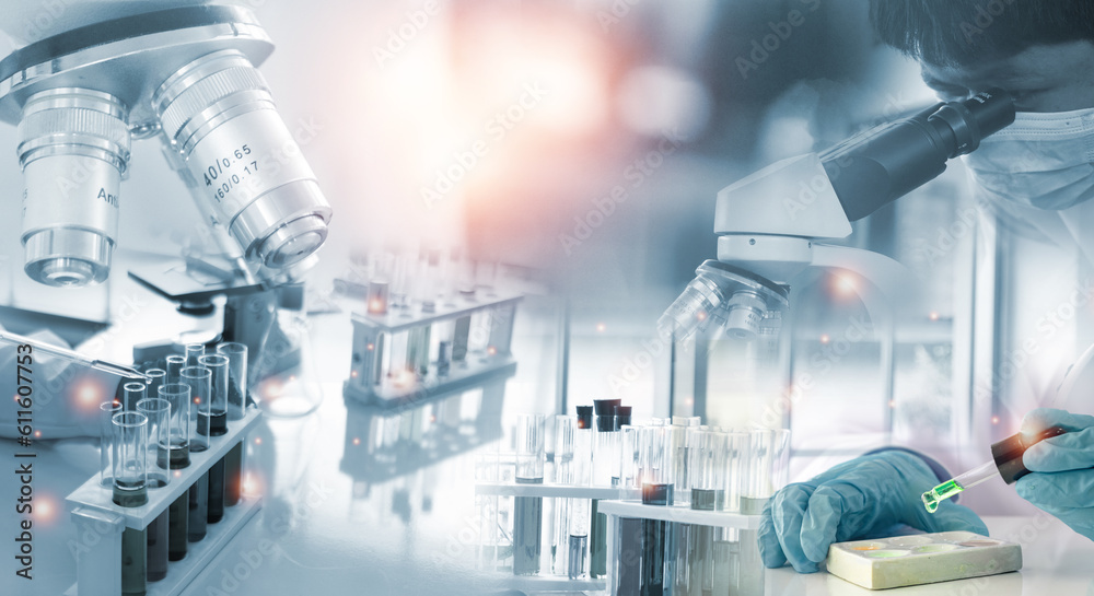 Double exposure microscope and Young woman scientific using equipment in the laboratory for research.Biotechnology,development,chemical,vaccine, Photo concept experimentation and research. Double exposure microscope and Young woman scientific using equipment in the laboratory for research.Biotechnology,development,chemical,vaccine, Photo concept experimentation and research.