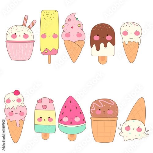 Cute ice cream set. Kawaii summer desserts. Sweet food with different emotions. Stock vector illustration