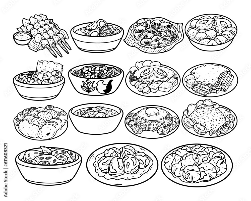 Set of indonesian food hand drawn outline sketch illustration