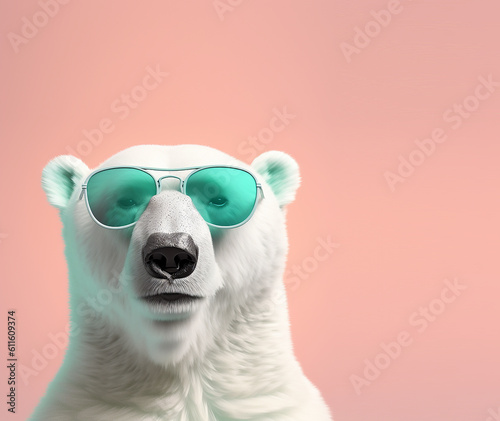 Creative animal concept. Polar bear in sunglass shade glasses isolated on solid pastel background, commercial, editorial advertisement, surreal surrealism. 