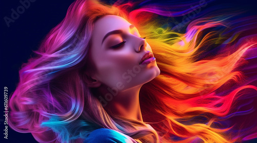 Pop art style abstract photography featuring a young woman and a colorful patterned background, psychedelic created with generative ai