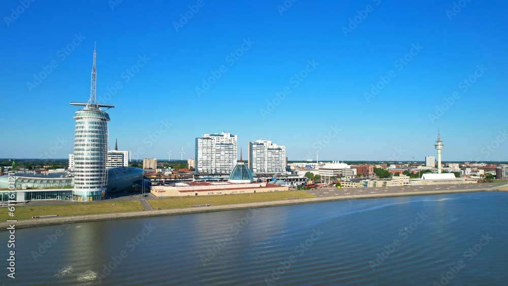 Obraz premium Bremerhaven - Hotel Sail City Aerial view with the drone of the skyline of Bremerhaven