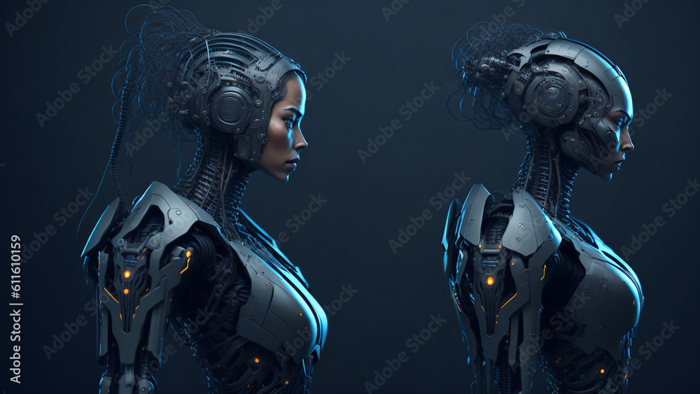 Fototapeta premium 3D rendering of two female cyborgs on a dark background.