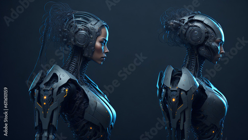 3D rendering of two female cyborgs on a dark background.