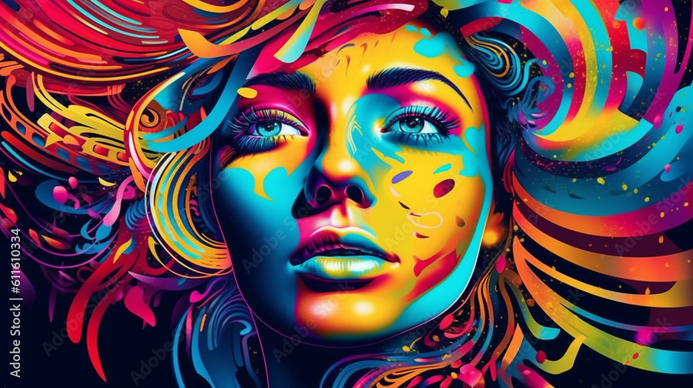 Psychedelic woman portrait meditation colorful background created with generative ai
